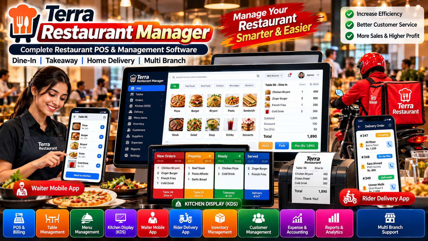 Terra Restaurant Manager – Complete Restaurant POS & Management Software with Waiter App, Rider App & Kitchen Display